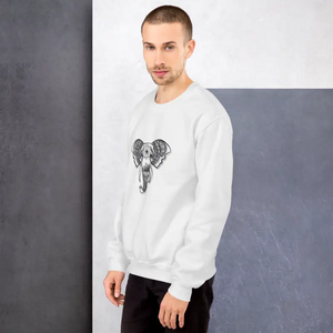 Mandala Fil Baskılı Unisex Sweatshirt Beyaz Renk - Baskılı Sweatshirt