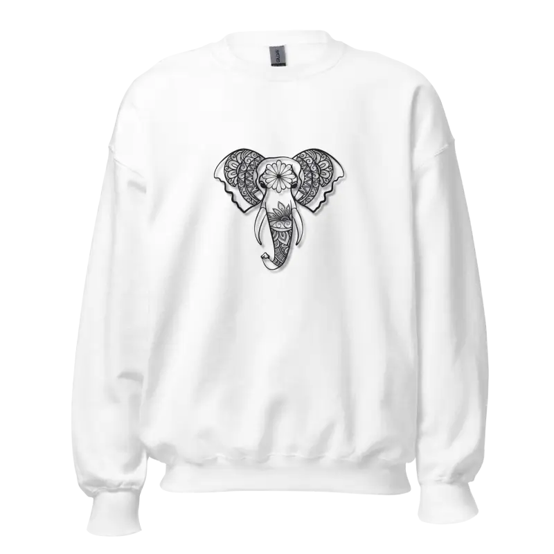 Mandala Fil Baskılı Unisex Sweatshirt Beyaz Renk - Baskılı Sweatshirt