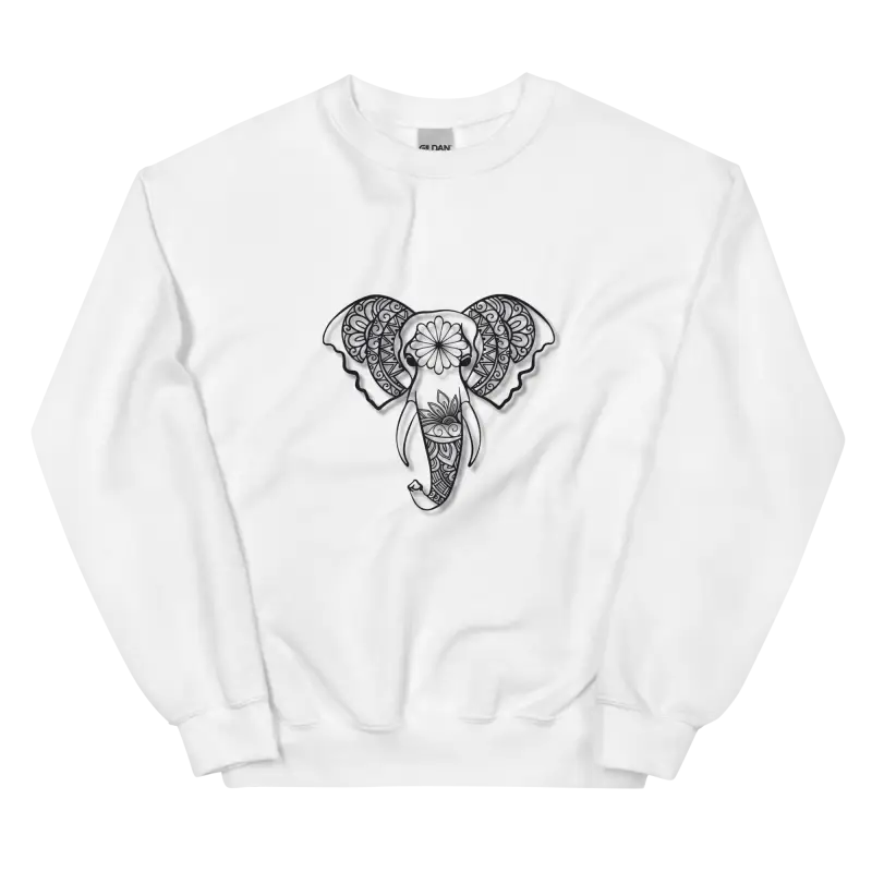 Mandala Fil Baskılı Unisex Sweatshirt Beyaz Renk - S - Baskılı Sweatshirt