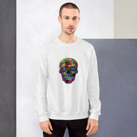 Renkli Kafatası Desenli Beyaz Sweatshirt ile Şıklığı Yakalayın - Baskılı Sweatshirt