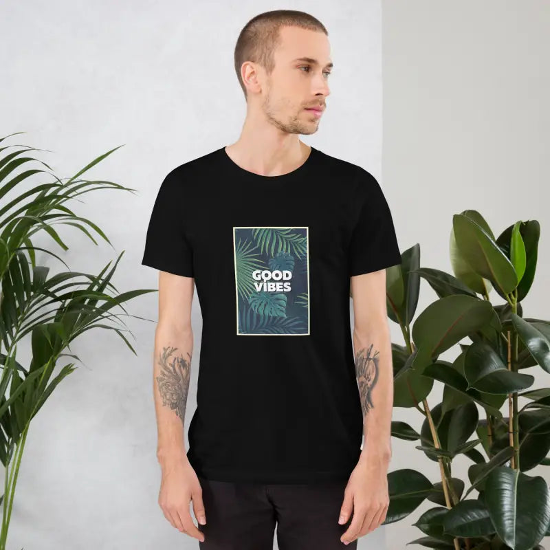 Unisex Basic Tişört Good Vibes - Black / S - Baskılı Standart Kesim Basic Tişört