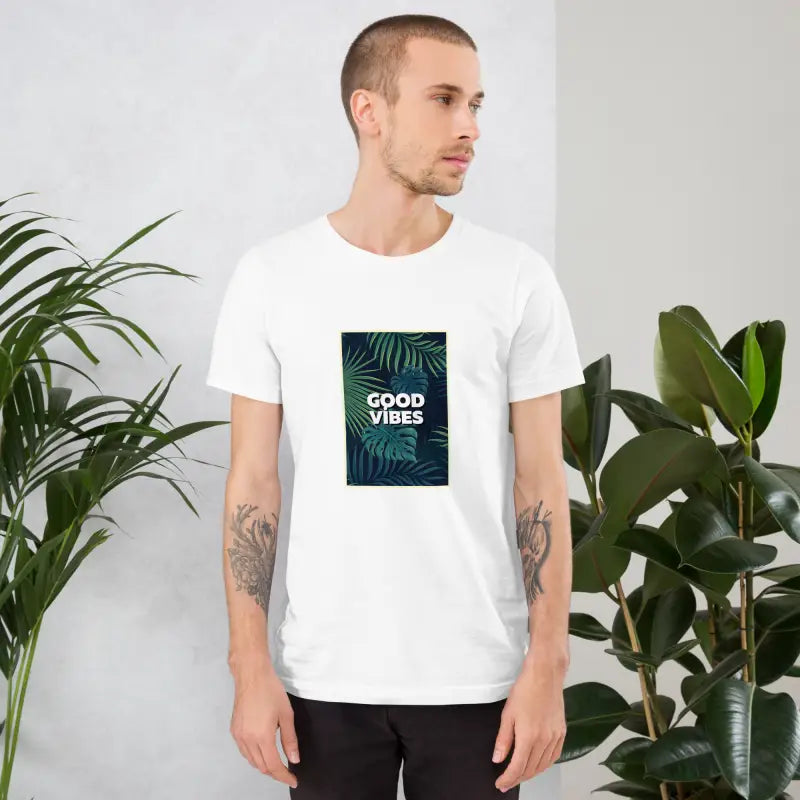 Unisex Basic Tişört Good Vibes - White / S - Baskılı Standart Kesim Basic Tişört